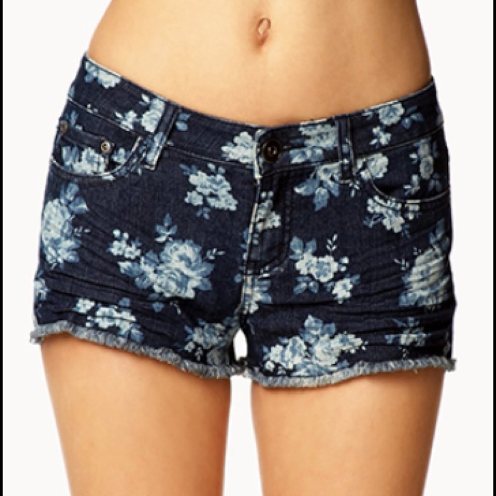 Rose Print Denim Cutoff Shorts 28 Blue Frayed Hem Distressed Boho Mid Rise